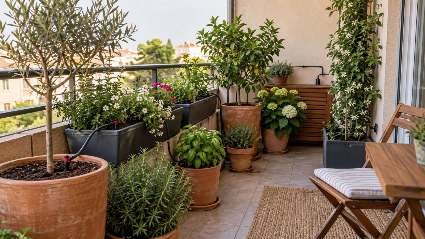 Riego por goteo en macetas: cómo montarlo y ajustar cada recipiente — Imagen 1 Varias macetas de diferentes tamaños en una terraza pequeña con tubería de riego por goteo instalada ordenadamente